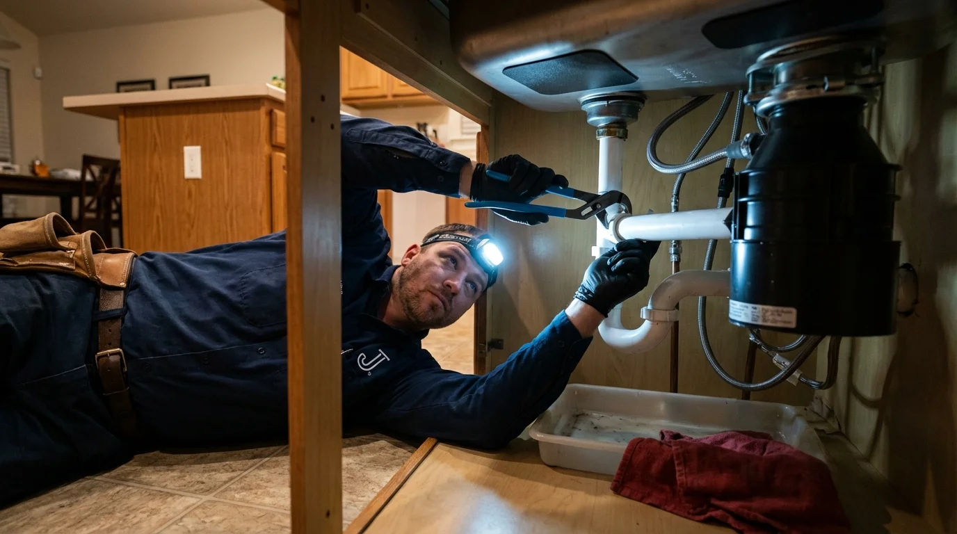 P-trap and supply line connections under a kitchen sink showing a common leak point in Anna, OH